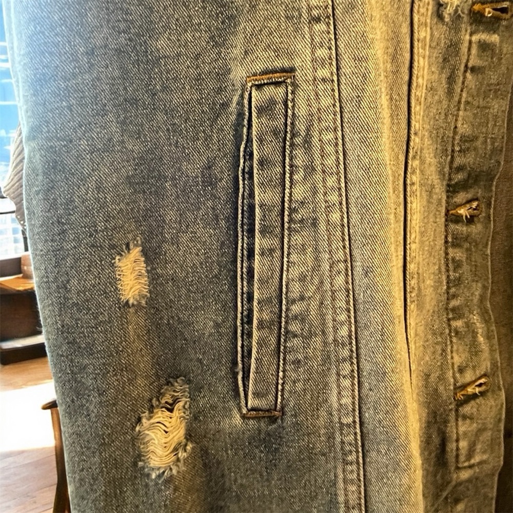 Women's Long Denim Vest with Pearl & Rhinestone Accents - Picture 6 of 9